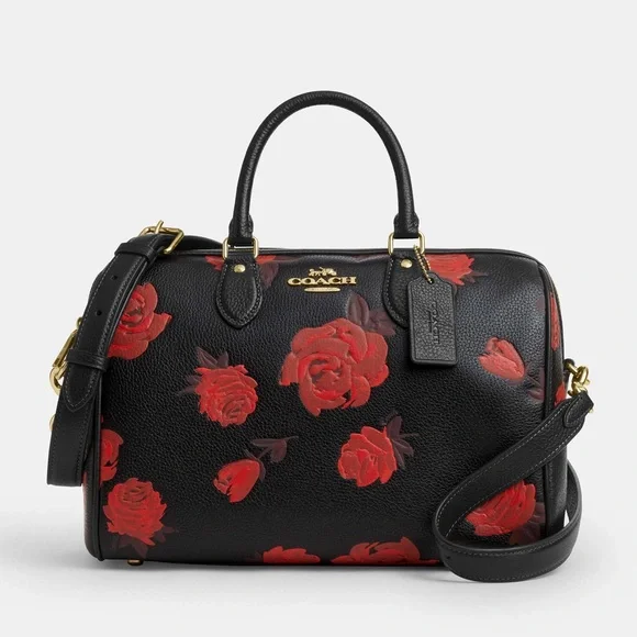 Coach Rowan Large Satchel Bag With Floral Print CCE27 in Black/Red - Picture 1 of 15